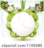 Poster, Art Print Of Round Frame With Ladybugs Over Strawberry Leaves With Blossoms