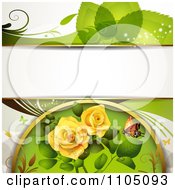 Clipart Green Leaf Background With A Butterfly And Roses Royalty Free Vector Illustration