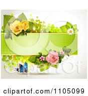 Clipart Blue Butterfly With A Rectangle Frame Leaves And Roses Royalty Free Vector Illustration