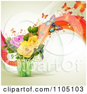 Poster, Art Print Of Butterflies With Roses Dots And Waves