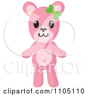 Happy Pink Teddy Bear With A Green Bow