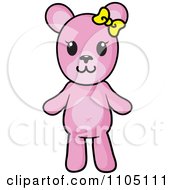 Clipart Happy Pink Teddy Bear With A Yellow Bow Royalty Free Vector Illustration