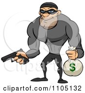 Clipart Buff Bank Robber Holding A Money Bag And Pistol Royalty Free Vector Illustration by Cartoon Solutions #COLLC1105132-0176