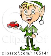 Poster, Art Print Of Happy Male Christmas Elf Holding A Toy Car
