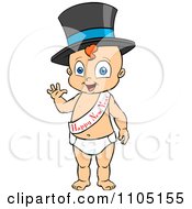 Happy Baby Standing Waving And Wearing A Top Hat And New Year Sash