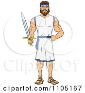Clipart Strong Male Hero Holding A Sword Royalty Free Vector Illustration