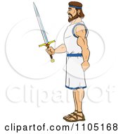 Clipart Strong Male Hero In Profile Holding A Sword Royalty Free Vector Illustration
