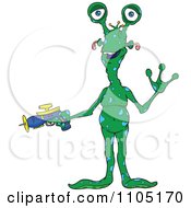 Clipart Green Alien With Blue Spots Waving And Holding A Ray Gun Royalty Free Vector Illustration