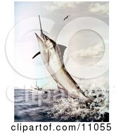 Poster, Art Print Of A Striped Marlin Fish Jumping To Bite A Fishing Line