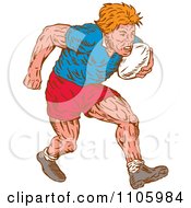 Poster, Art Print Of Woodcut Styled Rugby Player Running With The Ball