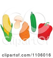 Poster, Art Print Of Whole Foods Corn Mushroom Sweet Potato Zucchini And Red Bell Pepper Produce Vegetables