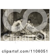 Sepia Toned Scene Of Two Young Women Feeding Kittens And Cats Around A Large Saucer