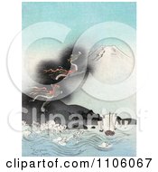 Poster, Art Print Of Dragon Rising To The Top Of Mt Fuji Causing Strong Waves To Flow Towards Ships