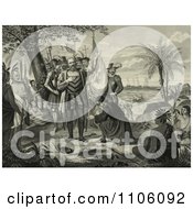 Poster, Art Print Of Curious Natives Watching A Man Kneeling And Bowing To Christopher Columbus And His Men Upon Landing In The New World