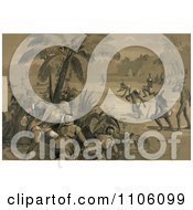 Poster, Art Print Of Christopher Columbus And His Crew Men Hiding Behind Bushes Under A Palm Tree And Watching Indigenous Native Men Playing What Appears To Be Baseball Upon The First Landing In The New World At San Salvador