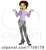Clipart Careless Hispanic Business Woman Shrugging Her Shoulders Royalty Free Vector Illustration by Cartoon Solutions #COLLC1106179-0176