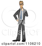 Clipart Skinny Business Man In Thought With Her Finger To Her Chin Royalty Free Vector Illustration
