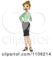 Clipart Blond Business Woman In Thought With Her Finger To Her Chin Royalty Free Vector Illustration