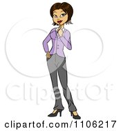 Clipart Hispanic Business Woman In Thought With Her Finger To Her Chin Royalty Free Vector Illustration by Cartoon Solutions