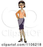 Poster, Art Print Of Black Haired Business Woman In Thought With Her Finger To Her Chin