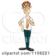 Clipart Red Haired Business Man In Thought With Her Finger To Her Chin Royalty Free Vector Illustration by Cartoon Solutions