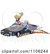 Clipart Man Peeling Out In A 1978 Trans Am Convertible With A Woman Standing Up On The Seat Royalty Free Vector Illustration by LaffToon