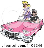 Clipart Handsome Man Driving A Pink Cadillac Convertible With His Lady Standing Up On The Seat Royalty Free Vector Illustration