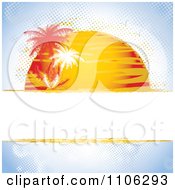 Poster, Art Print Of Grungy Halftone Summer Background With The Sun Setting On Blue With Palm Trees And Text Space