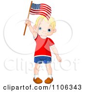 Poster, Art Print Of Happy Blond Patriotic American Boy Waving A Usa Flag