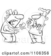 Clipart Outlined Techie Men Having A Debate Over Gadgets Royalty Free Vector Illustration
