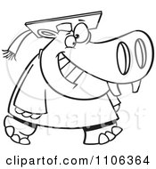 Clipart Outlined Graduate Hippo Walking And Smiling Royalty Free Vector Illustration by toonaday