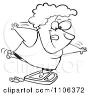 Clipart Outlined Fat Woman Trying To Trick The Scale While Weighing Herself Royalty Free Vector Illustration