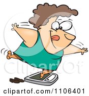 Clipart Fat Woman Trying To Trick The Scale While Weighing Herself Royalty Free Vector Illustration by toonaday