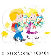 Poster, Art Print Of Happy Blond School Boy And Girl Carrying Daisies And Walking In Autumn Leaves