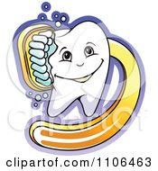 Poster, Art Print Of Happy Dental Tooth Being Scrubbed With A Yellow Brush