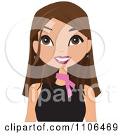 Poster, Art Print Of Happy Brunette Woman Wearing A Pink Neck Scarf