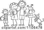 Clipart Black And White Stick Drawing Of A Happy Family With Their Dog Royalty Free Vector Illustration by C Charley-Franzwa #COLLC1106478-0078