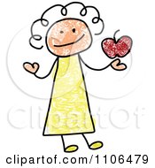Poster, Art Print Of Stick Drawing Of A Happy Female Teacher Holding An Apple