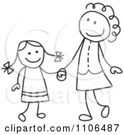 Poster, Art Print Of Black And White Stick Drawing Of A Happy Mother And Daughter Holding Hands