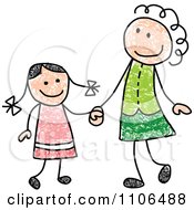 Poster, Art Print Of Stick Drawing Of A Happy White Mother And Daughter Holding Hands