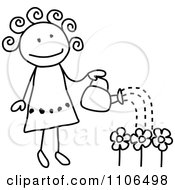 Poster, Art Print Of Black And White Stick Drawing Of A Happy Girl Watering Flowers In Her Garden