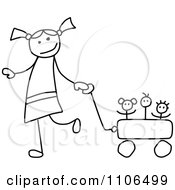 Poster, Art Print Of Black And White Stick Drawing Of A Happy Girl Pulling Her Toys In A Wagon