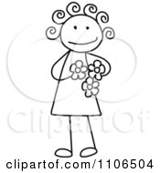 Black And White Stick Drawing Of A Happy Girl Holding Flowers