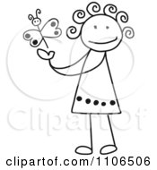Clipart Black And White Stick Drawing Of A Happy Girl Playing With A Butterfly Royalty Free Vector Illustration