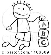 Black And White Stick Drawing Of A Boy Playing With Letter Alphabet Blocks