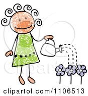 Poster, Art Print Of Stick Drawing Of A Happy Girl Watering Flowers In Her Garden