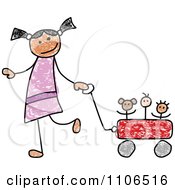 Poster, Art Print Of Stick Drawing Of A Happy Hispanic Girl Pulling Her Toys In A Wagon