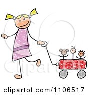 Poster, Art Print Of Stick Drawing Of A Happy White Girl Pulling Her Toys In A Wagon