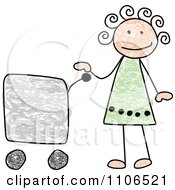 Clipart Stick Drawing Of A Happy Girl With A Shopping Cart Royalty Free Vector Illustration