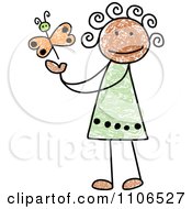 Clipart Stick Drawing Of A Happy Black Girl Playing With A Butterfly Royalty Free Vector Illustration